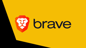 The Brave logo on an orange and black background