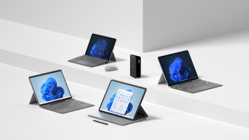 Surface Pro 8 Laptop Studio Go 3 Pro X and Duo 2 devices placed in a white background