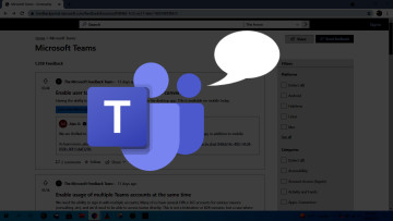 Microsoft feedback portal for Teams darkened in the background with Teams logo and speech bubble in 