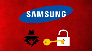 Red background with logos of Samsung hacker key and lock