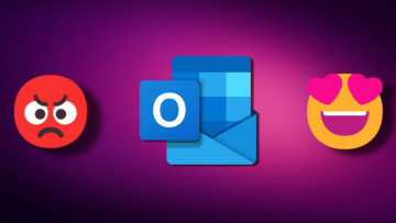 Outlook logo on a purple background with angry and love heart emoji on the sides