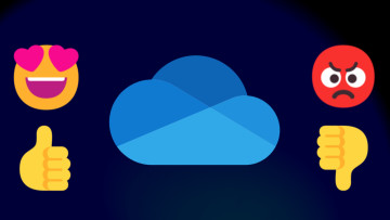 OneDrive logo in the center with love face and thumbsup emoji on left and angry face and thumbs down