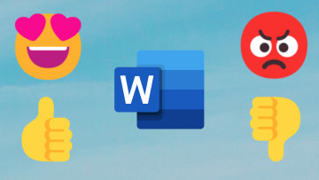 Word logo on a blue back ground with angry and thumbs down emoji on the right and heart eyes and thu