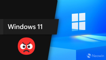 A Windows 11 promo image with an angry emoji on the left