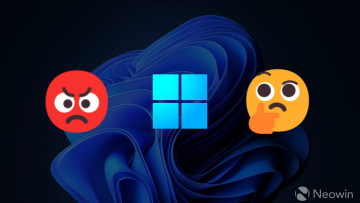 Windows 11 logo on the Bloom wallpaper with angry and thinking emojis