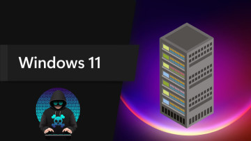 Windows 11 graphic with a server clipart on the right and a hacker clipart on the left