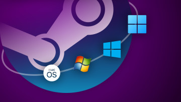 An illustration showing various operating systems logos orbiting the Steam logo