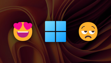 A Windows 11 logo with love and sceptical emojis next to it