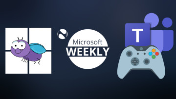 Microsoft Weekly graphic with Windows 11 logo and mosquito clipart on the left and a Teams logo with