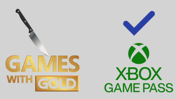 Games with Gold logo on the left with a knife at top and Game Pass logo on the right with a blue tic