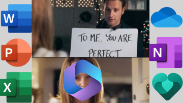 To Me You Are Perfect Love Actually meme with icons for Office apps and Microsoft 365