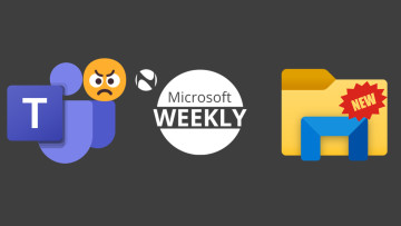 Microsoft Weekly graphic with a Teams logo and angry emoji on the left versus a File Explorer icon w