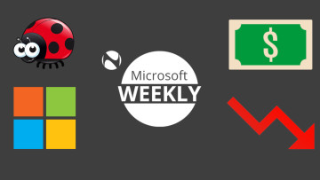 Microsoft Weekly graphic with a ladybug and Microsoft logo on the left side and a downward arrow and