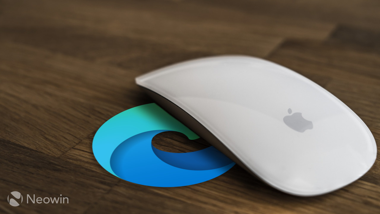 A Microsoft Edge logo underneath an Apple Magic mouse