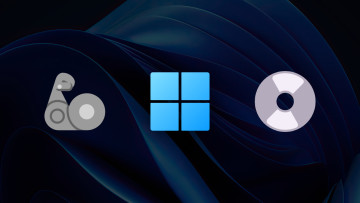 A Windows 11 Logo next to a CD and strong arm emoji