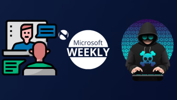 Microsoft Weekly graphic with hacker clipart on the right and two people video calling and chatting 