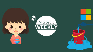 Microsoft Weekly image with a shushing girl clipart on the left and a leaking bucket with a Microsof