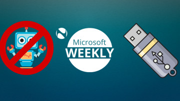 Microsoft Weekly graphic with a robot clipart with a slash across it on the left and a USB on the ri