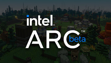 A screenshot of the Minecraft Legends game with the Intel Arc Beta logo superimposed