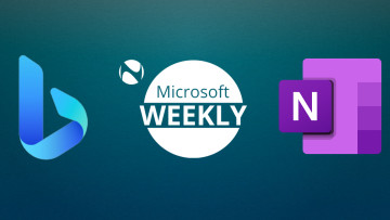 Microsoft Weekly graphic with Bing logo on left and OneNote logo on right