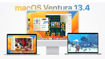 Three Macs running macOS Ventura with a macOS Ventura 134 script behind them