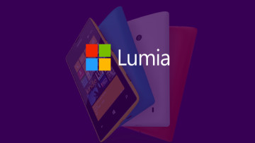 Microsoft Lumia phones on a purple background with a logo superimposed